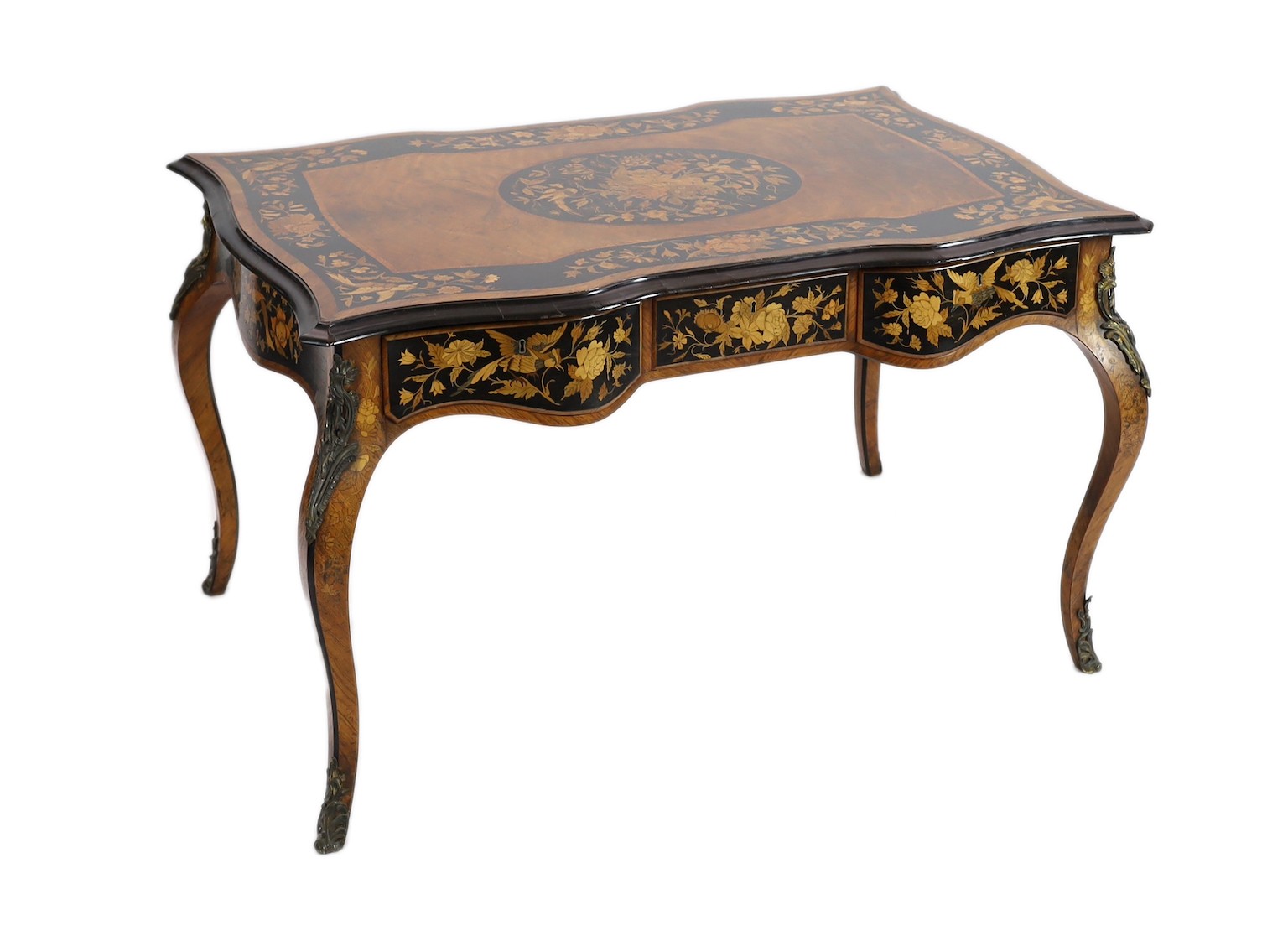 A 19th century Dutch floral marquetry bureau plat, width 126cm, depth 80cm, height 75cm